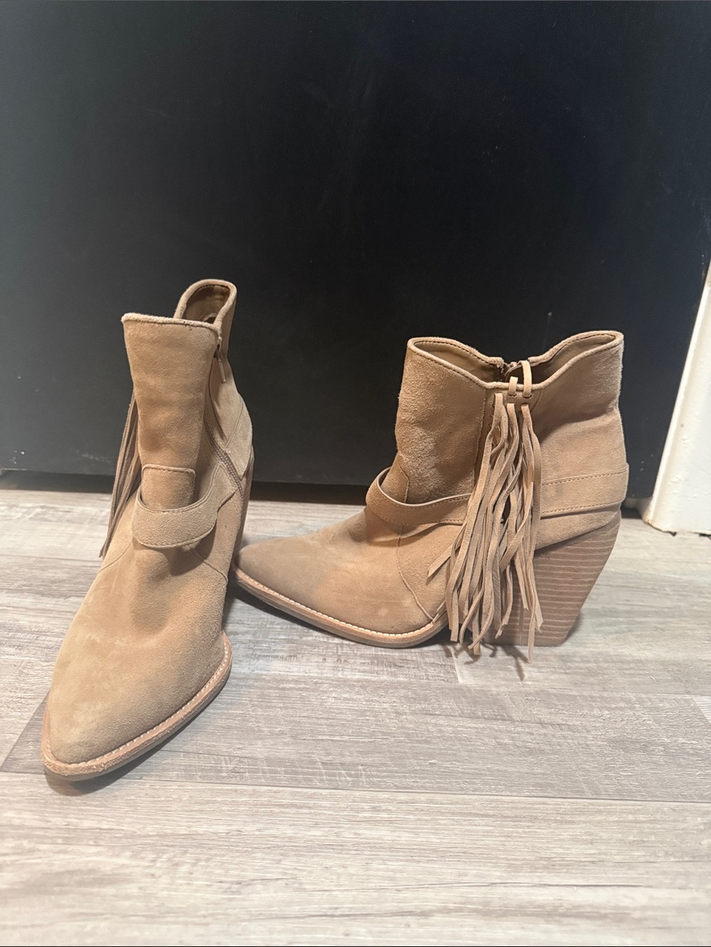 Gianni Bini Tan Suede Fringe Western Ankle Boots